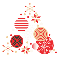 A triangular arrangement of red and beige Christmas ornaments and snowflake shapes for open house specials.