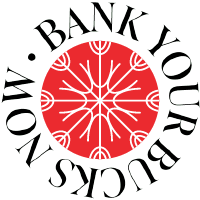 A circular logo featuring a red snowflake design encircled by the text BANK YOUR BUCKS NOW for our open house specials.
